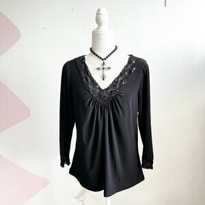 Vintage Black Lace Long Sleeve Top Goth Whimsigoth Grunge Indie Sleaze Large
